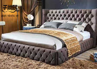 American Style Brown Leather Velvet Fabric Bed , Wooden Frame King Size Bed
